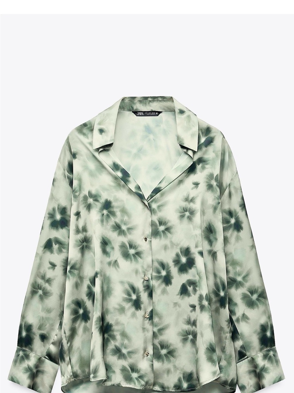 Zara Green Floral Satin Button-Front Shirt